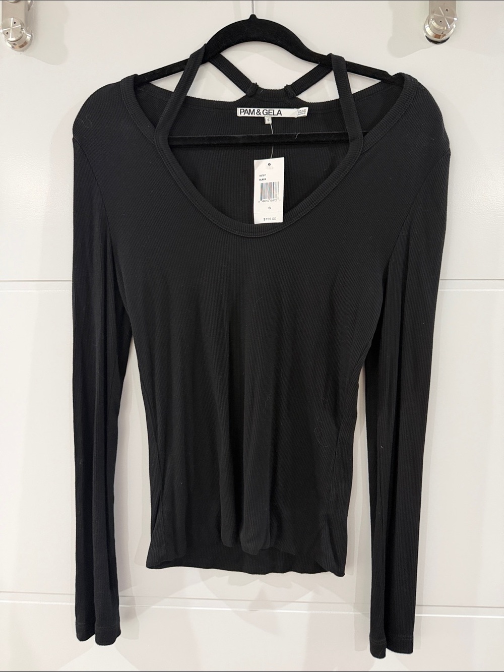 Pam & Gela Black Ribbed Long-Sleeve Top with Strappy Back Detail